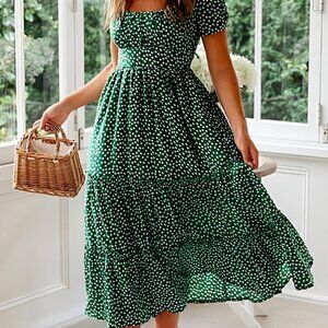 Women's Spring Summer Casual Cute Boho Floral Print Long Midi Dress- Green